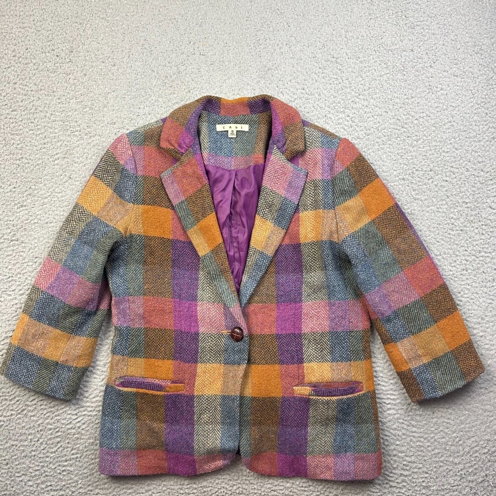 Cabi Happy Blazer Womens Multicolor Jewel Tone Plaid Wool Blend Size 6